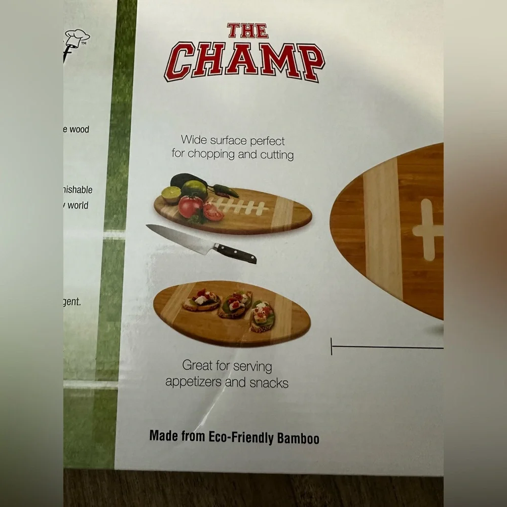 🏈 NIB Grande Chef “The Champ” Bamboo Football Cutting Board 15” Serving Tray